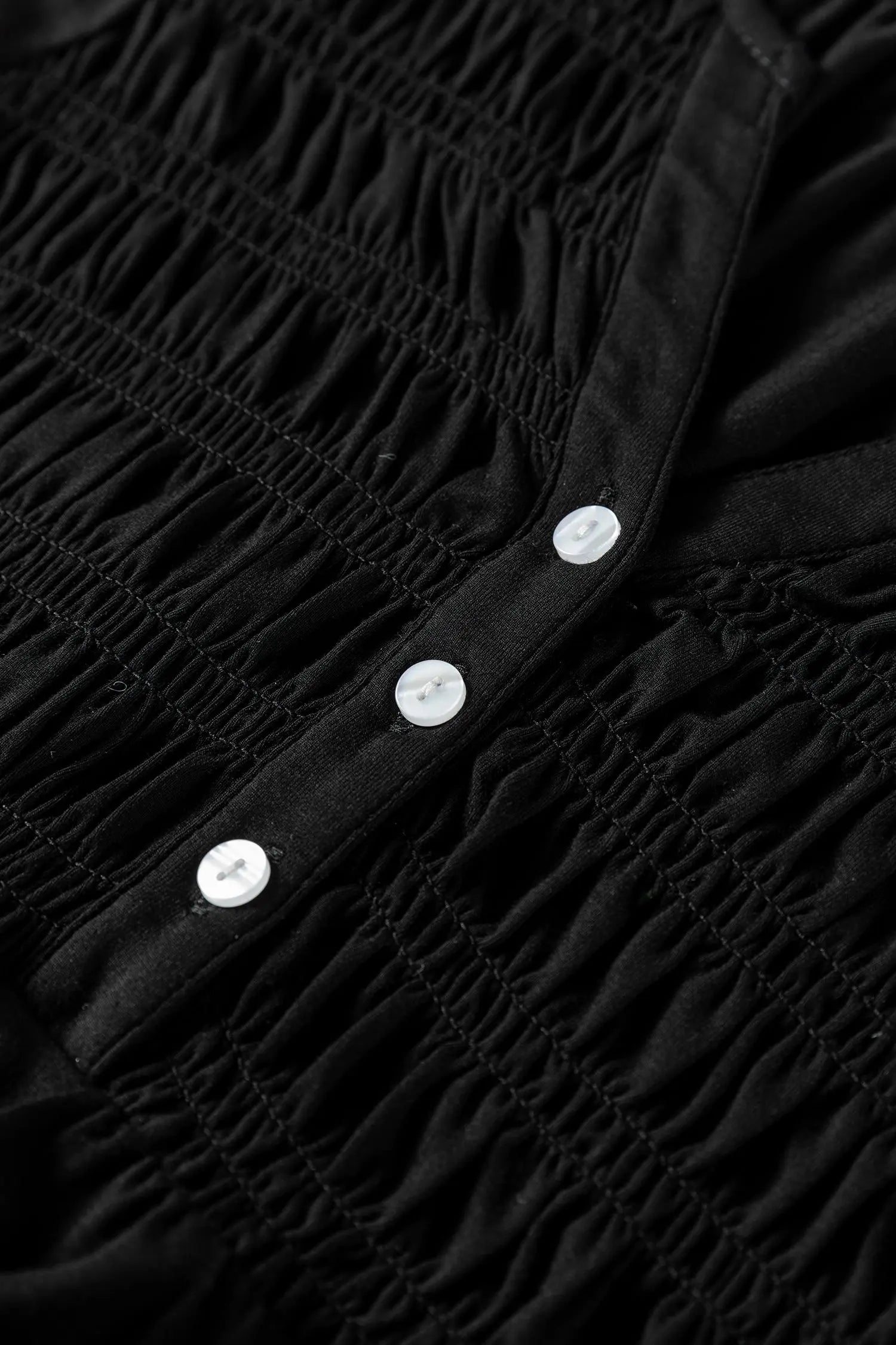 Black Smocked Bust Buttoned Split V Neck Flow Fit Blouse Dear-Lover Dropshipping