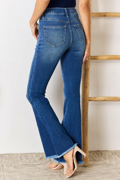 Kancan High Rise Raw Hem Flare Jeans.