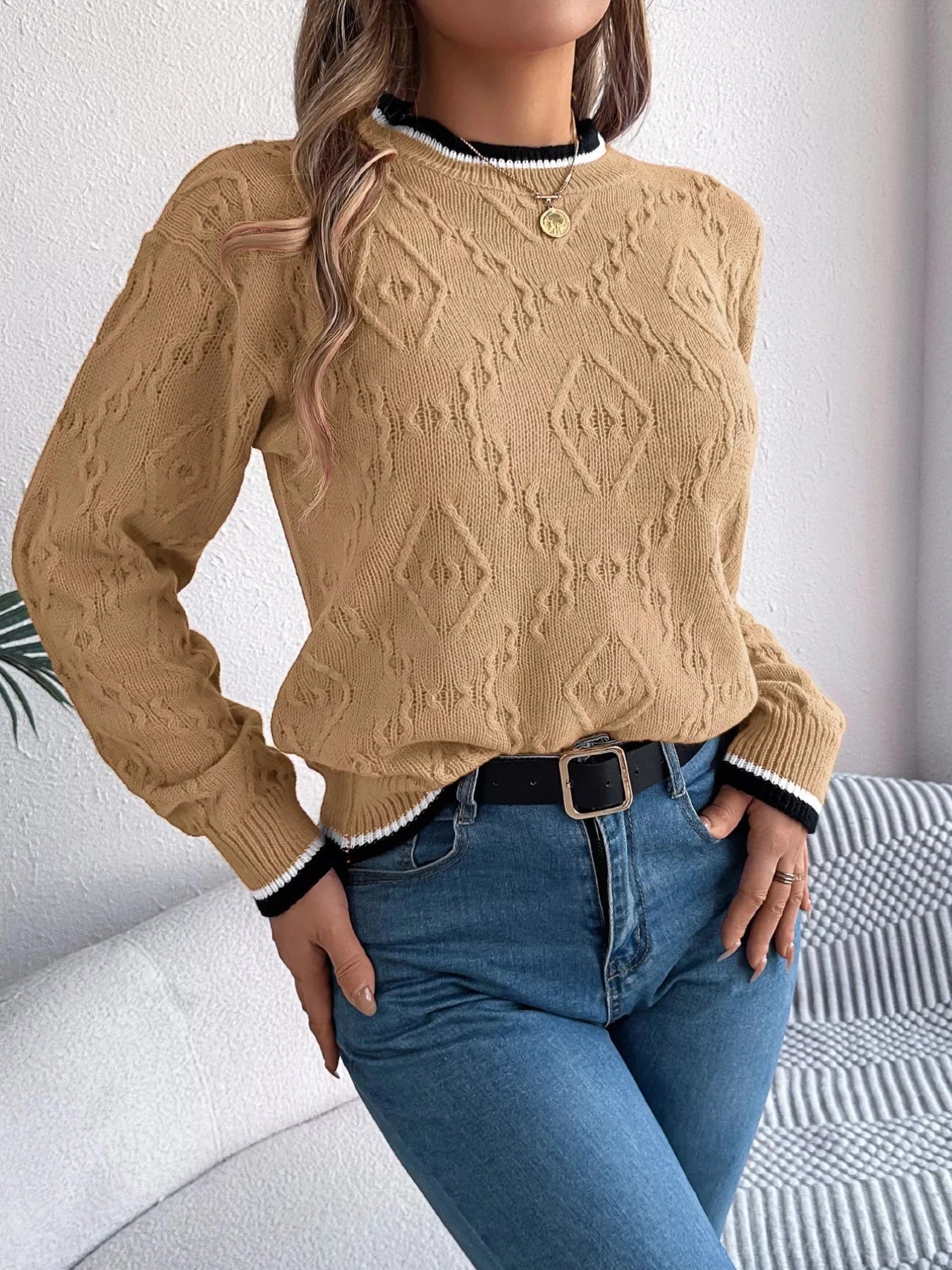 Contrast Trim Round Neck Sweater Coco’s Tee Boutique