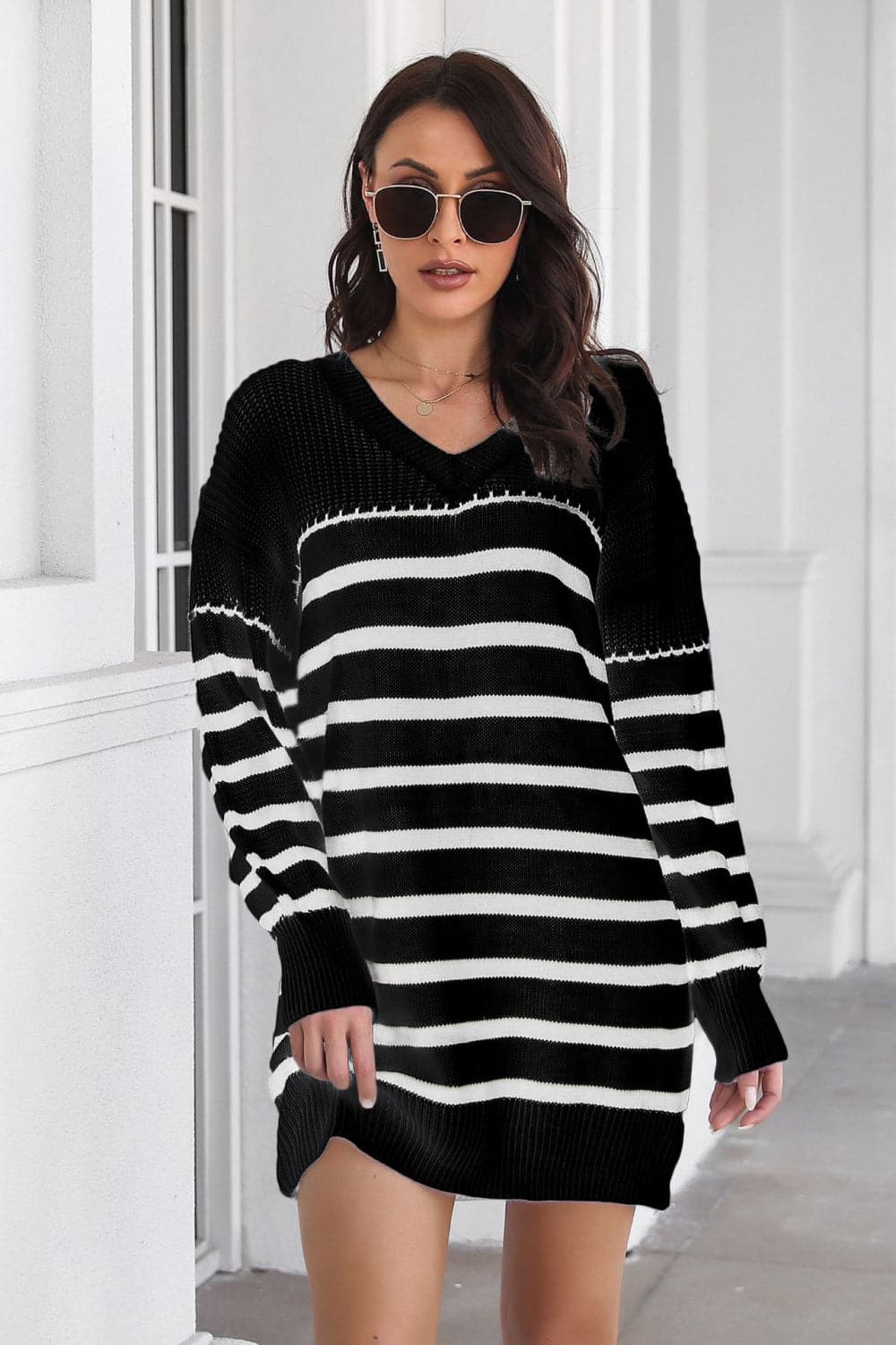 Striped V-Neck Drop Shulder Sweater Dress.