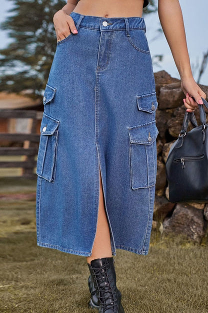 Slit Front Midi Denim Skirt with Pockets.