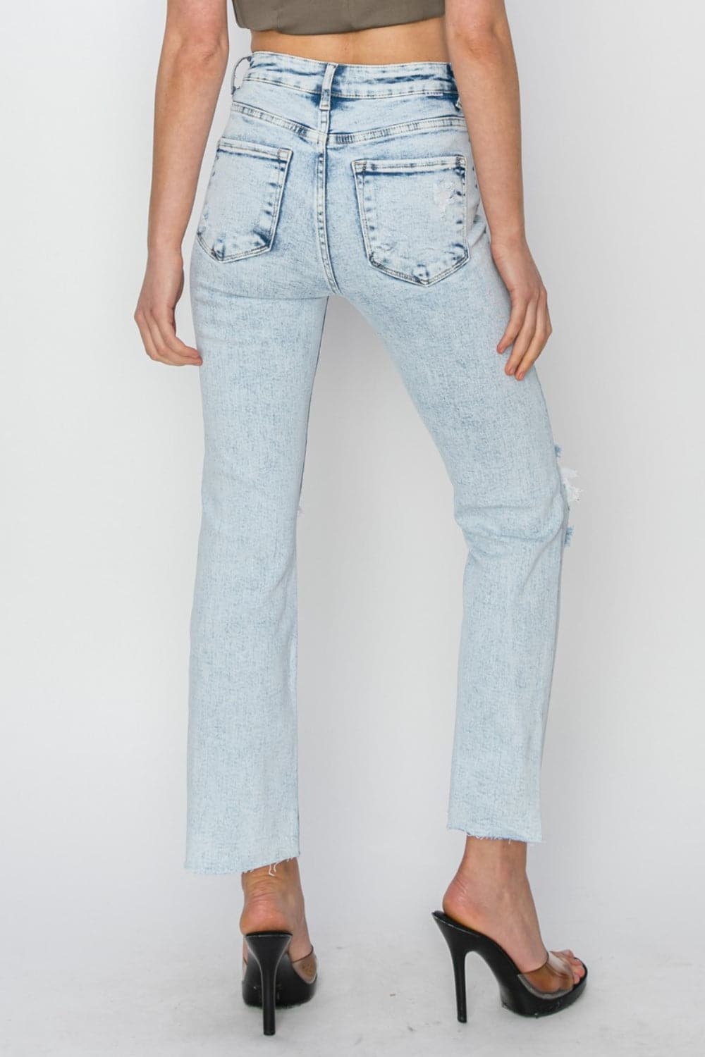 RISEN High Rise Distressed Ankle Jeans.