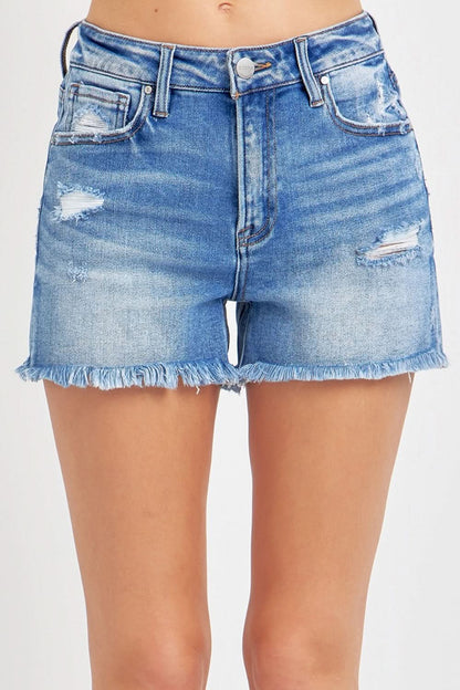 High rise distressed denim shorts with raw hem detail