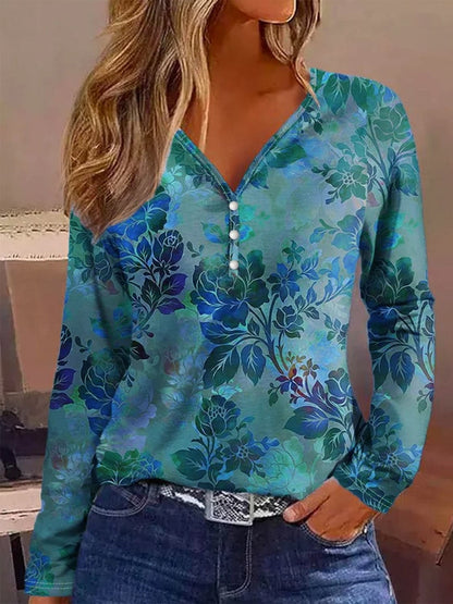 Printed V-Neck Long Sleeve Blouse.