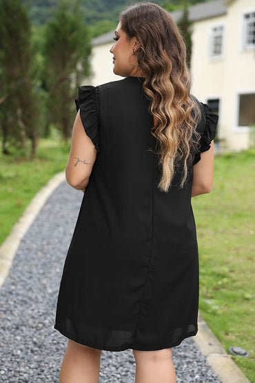 Chic black ruffled plus shift dress with keyhole back