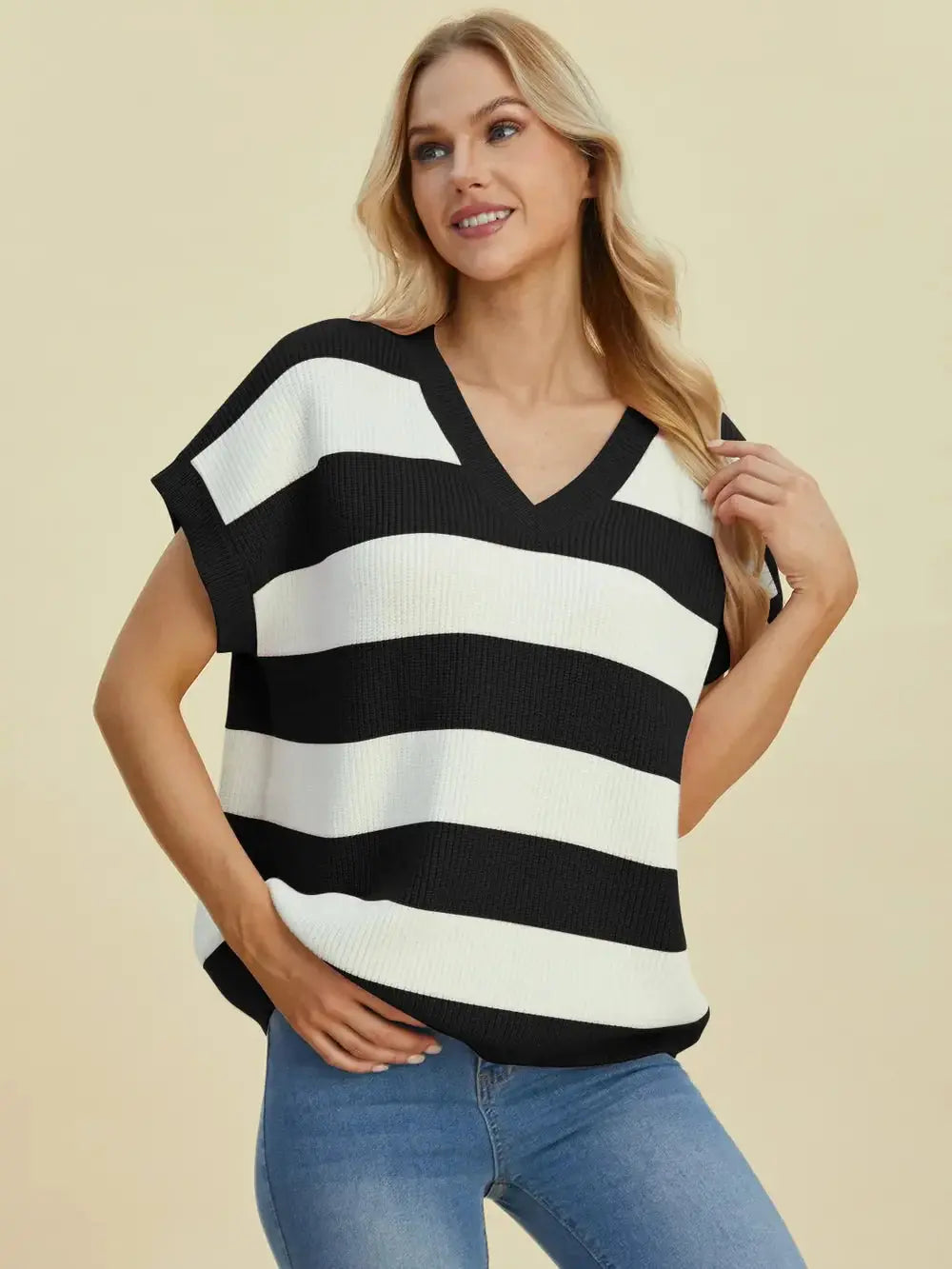 Double Take: Striped V-Neck Sweater - Love Salve