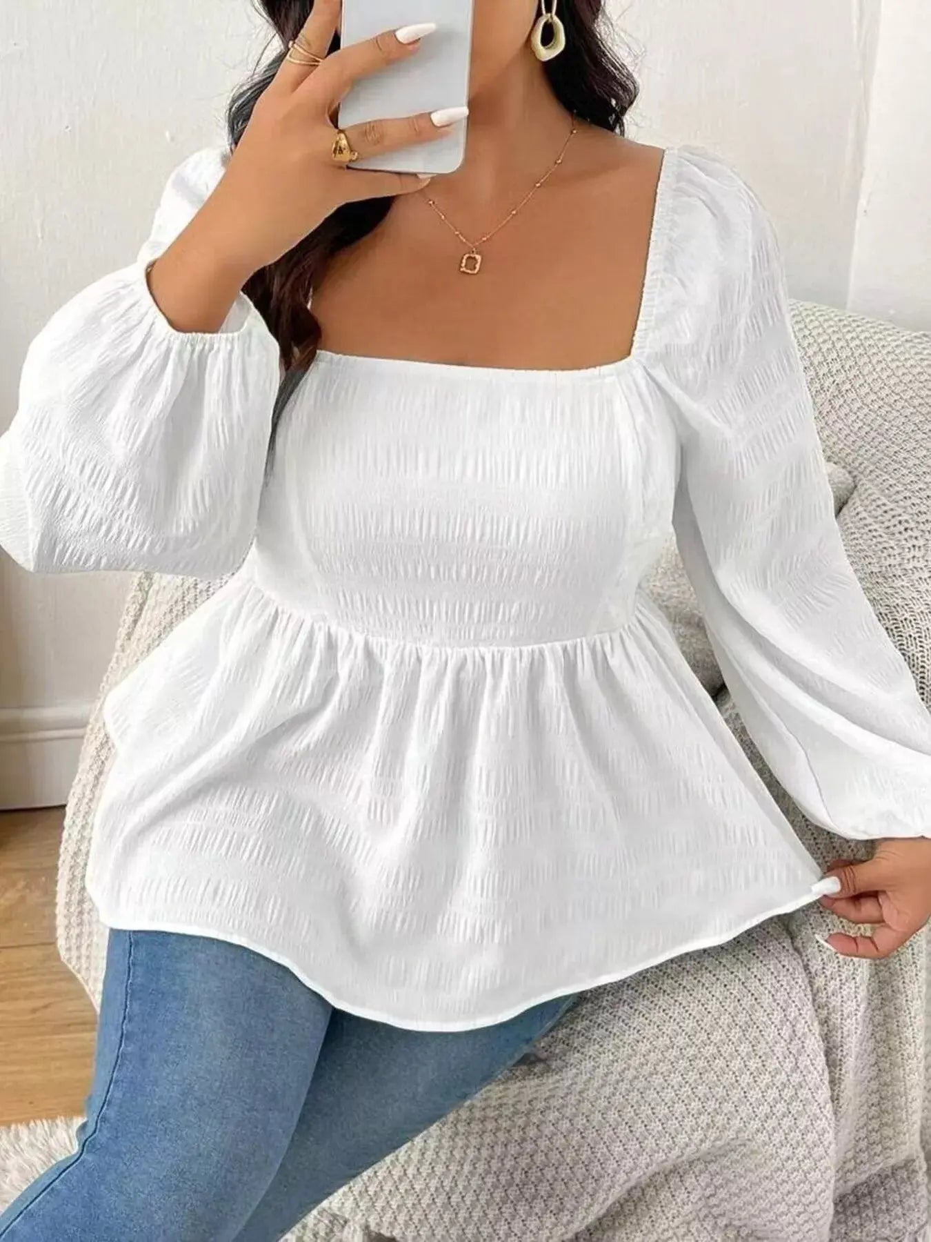 Plus Size Square Neck Long Sleeve Peplum Blouse Simply Love