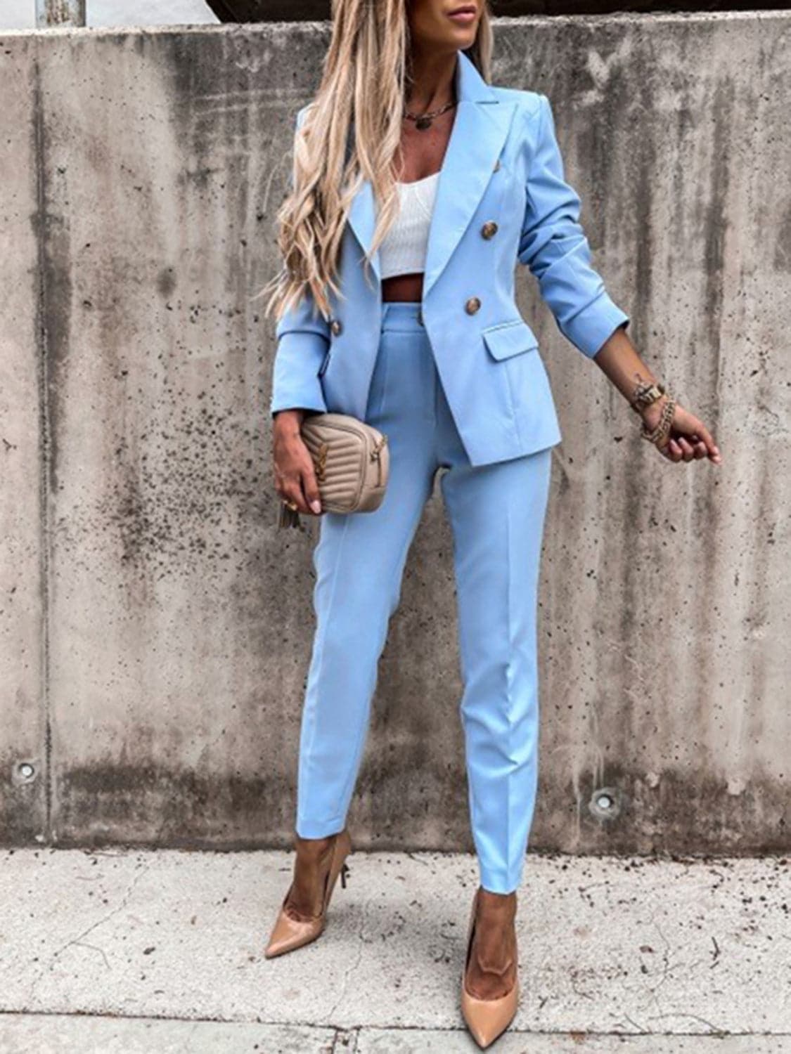 Lapel Collar Long Sleeve Blazer and Pants Set.