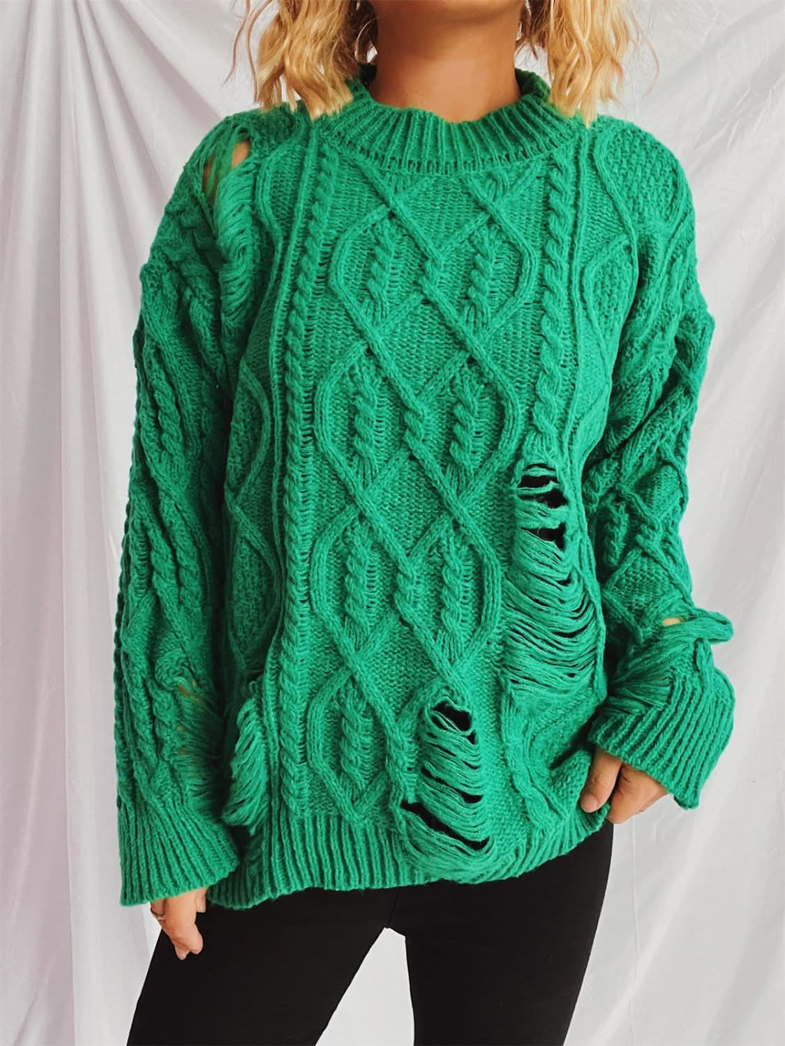 Chic distressed cable-knit long sleeve sweater