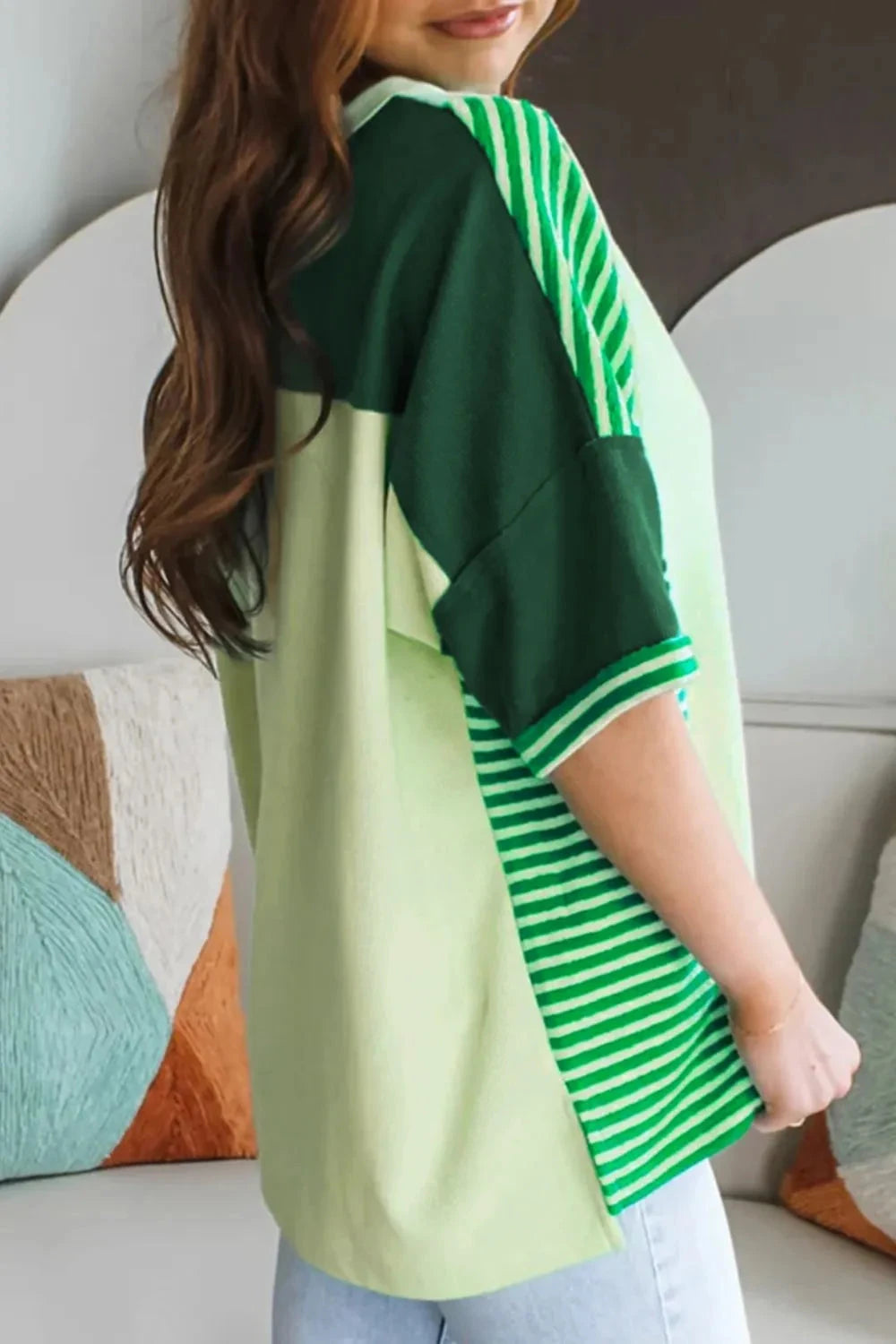 Striped Textured Half Sleeve T-Shirt Simply Love