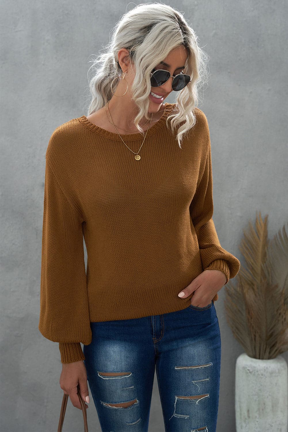 Double Take Tied Balloon Sleeve Round Neck Sweater.