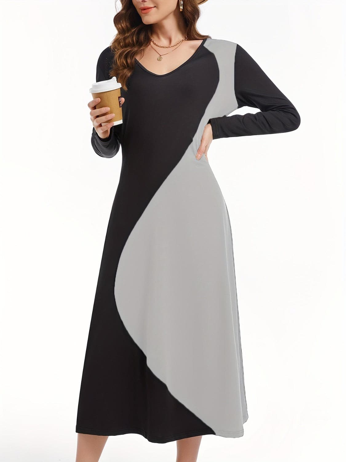 Contrast Long Sleeve Midi Dress.