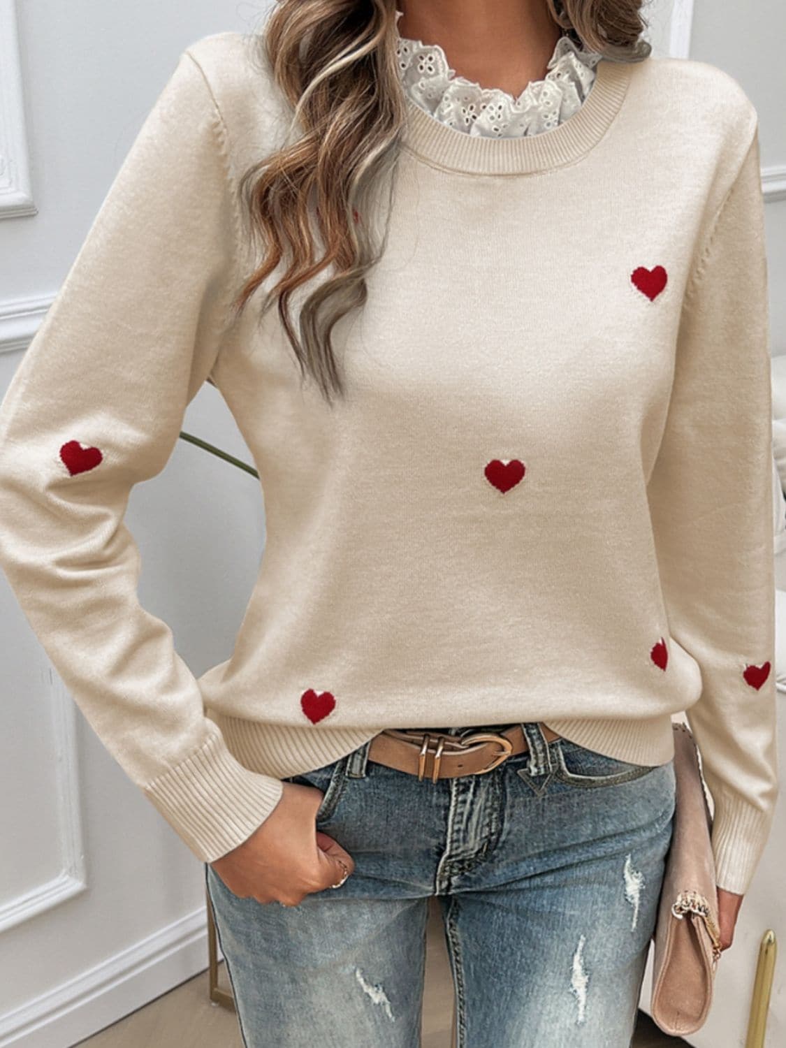 Lace Detail Heart Long Sleeve Sweater.