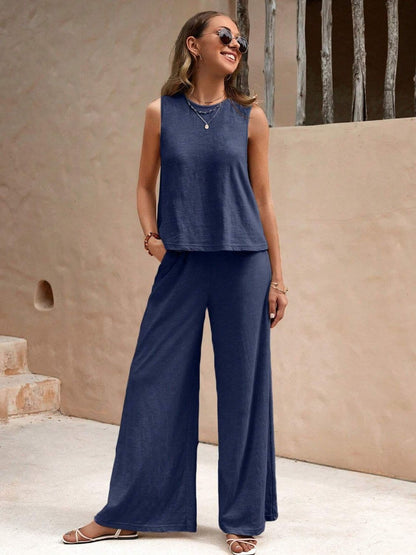 Round Neck Sleeveless Top and Wide Leg Pants Set.