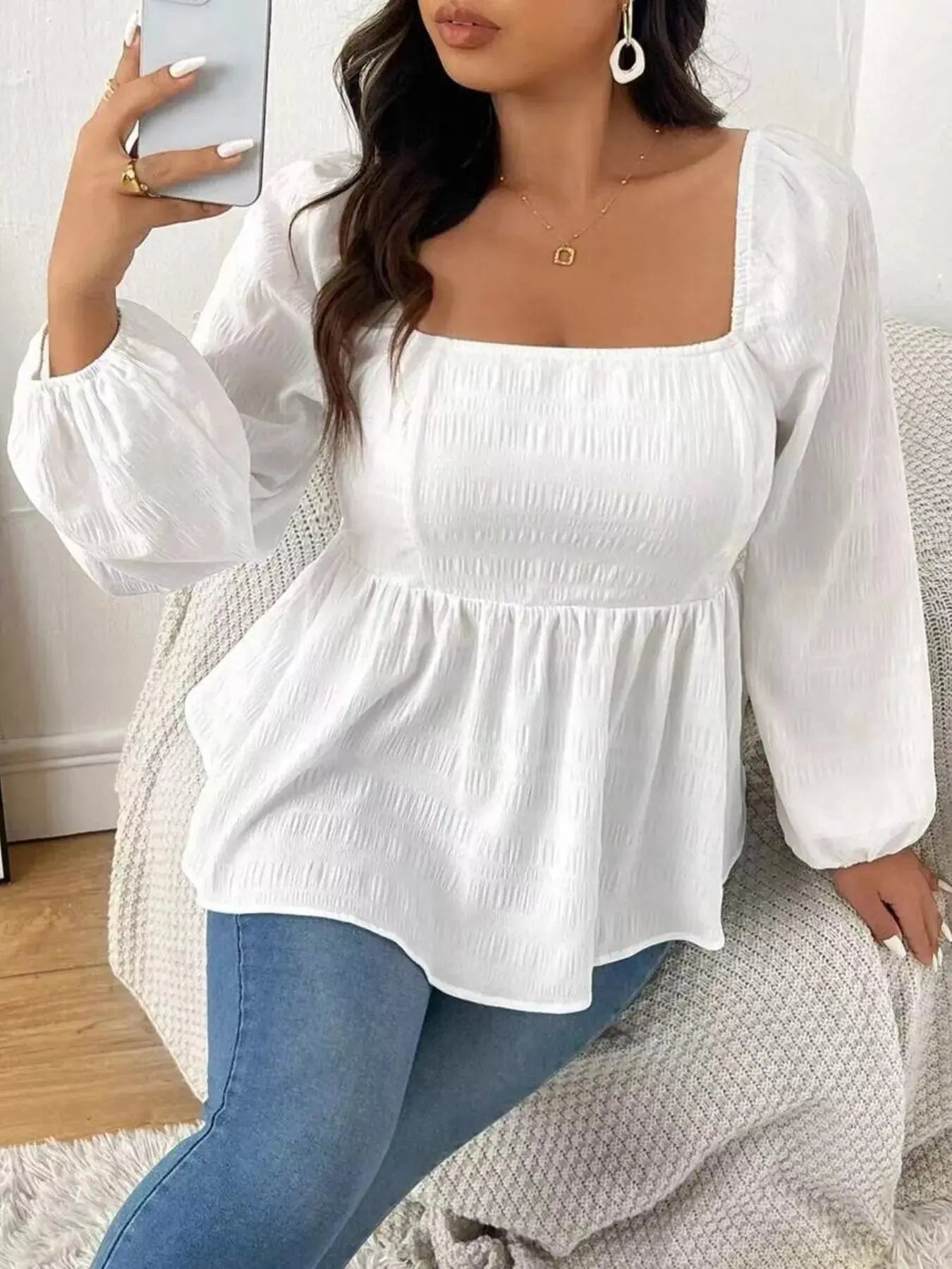 Plus Size Square Neck Long Sleeve Peplum Blouse Simply Love