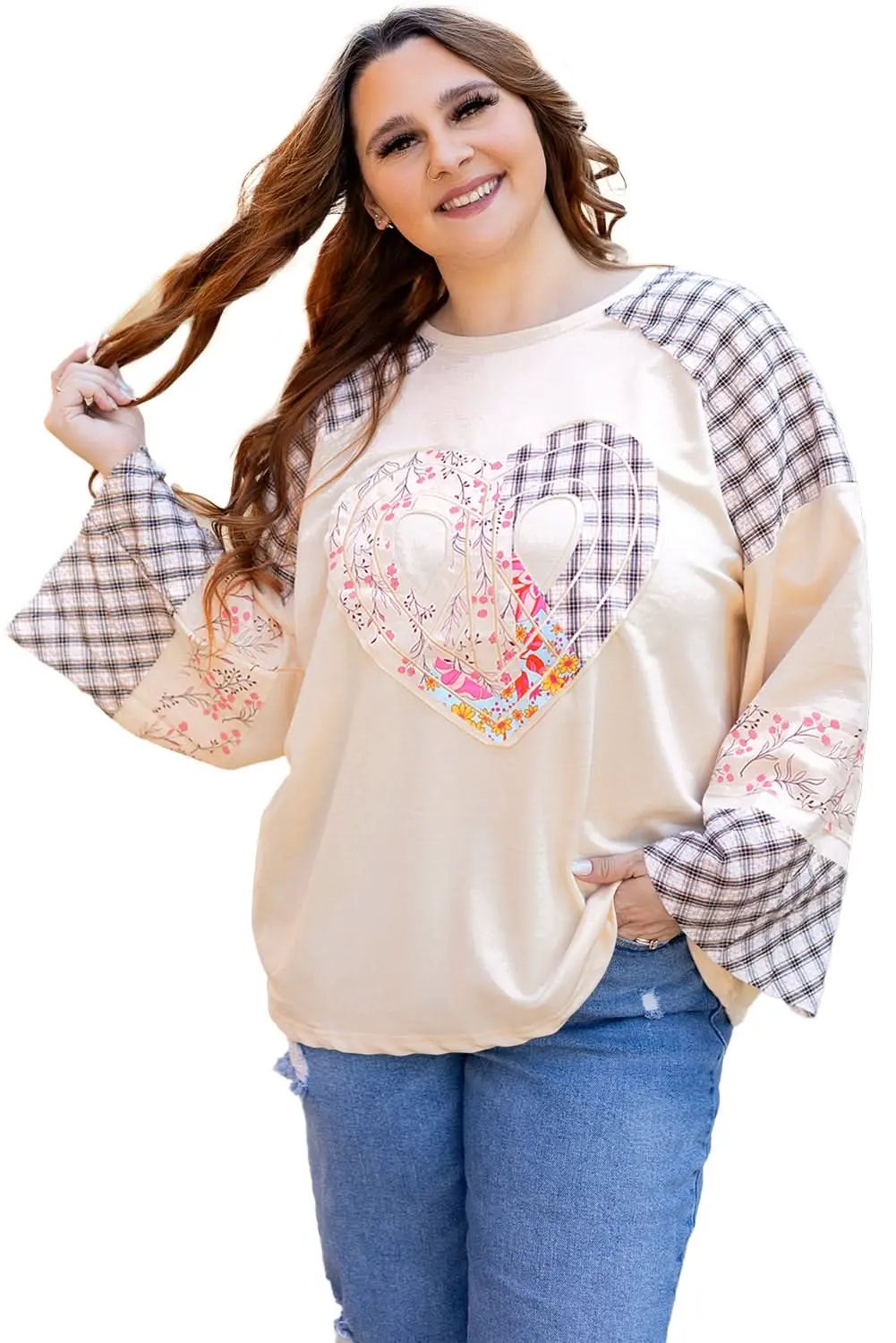 Beige Plaid Floral Peace Heart Graphic Wide Long Sleeve Top - Love Salve 