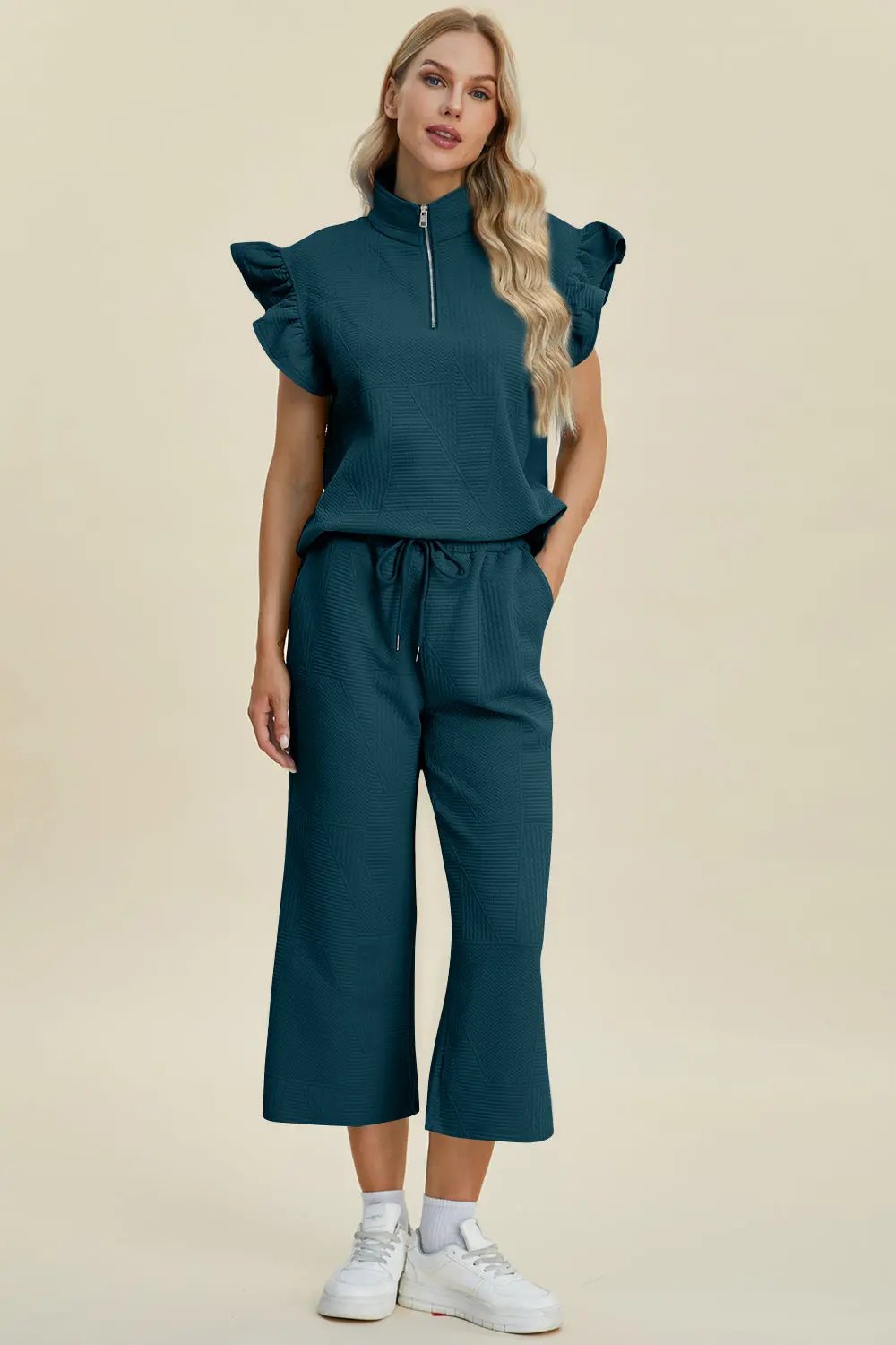 Double Take Full Size Texture Ruffle Short Sleeve Top and Wide Leg Pants Set - Love Salve