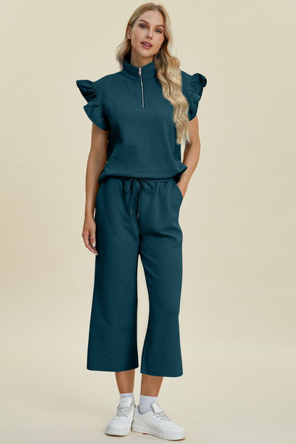 Double Take Full Size Texture Ruffle Short Sleeve Top and Wide Leg Pants Set.