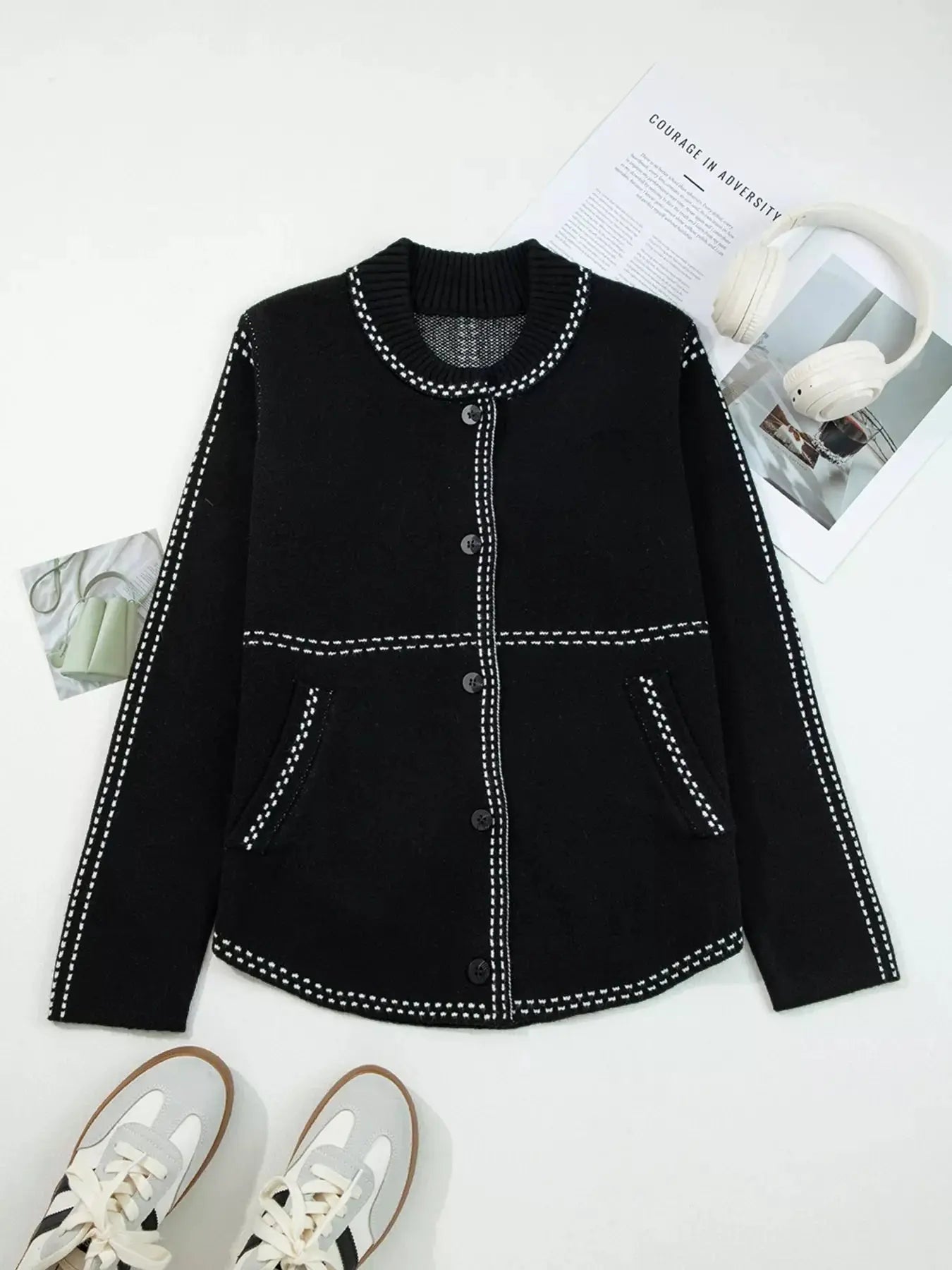 Contrast Trim Button up Sweater Cardigan Simply Love