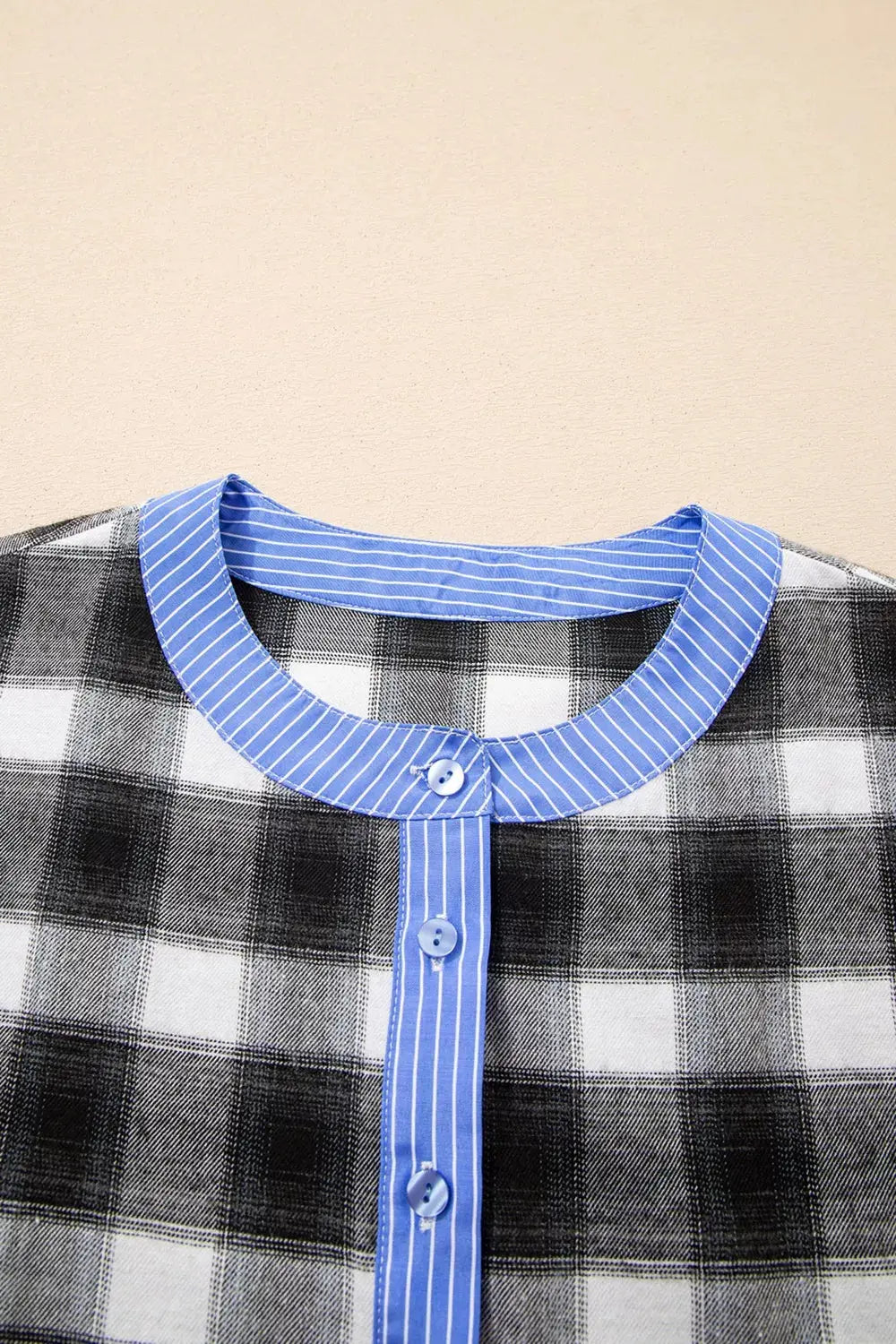 Contrast Striped Edge Half Placket Plaid Blouse Simply Love