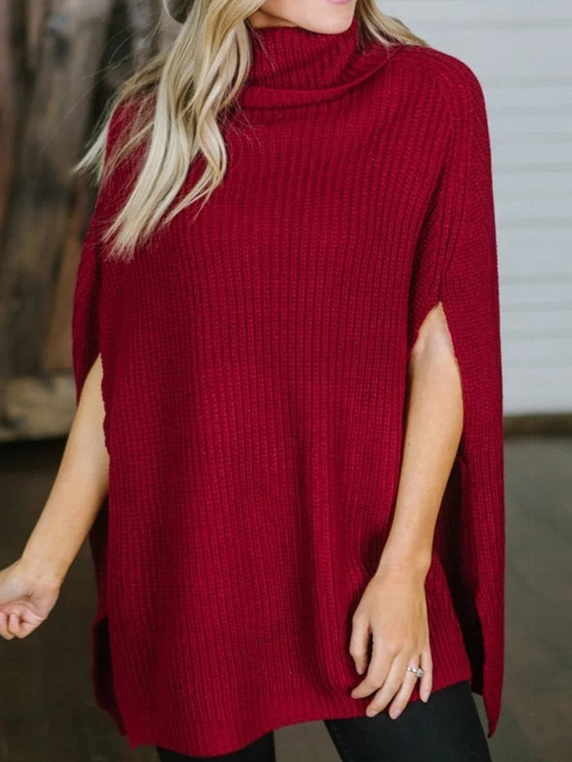 Turtleneck Slit Sweater.