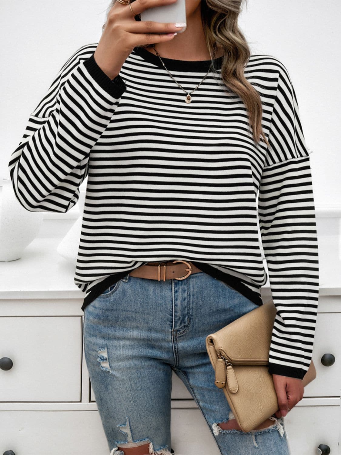 Striped Round Neck Dropped Shoulder Sweater.