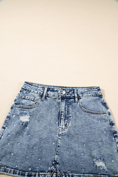 Dusk Blue Distressed Denim Mini Skirt with Rhinestone Accents