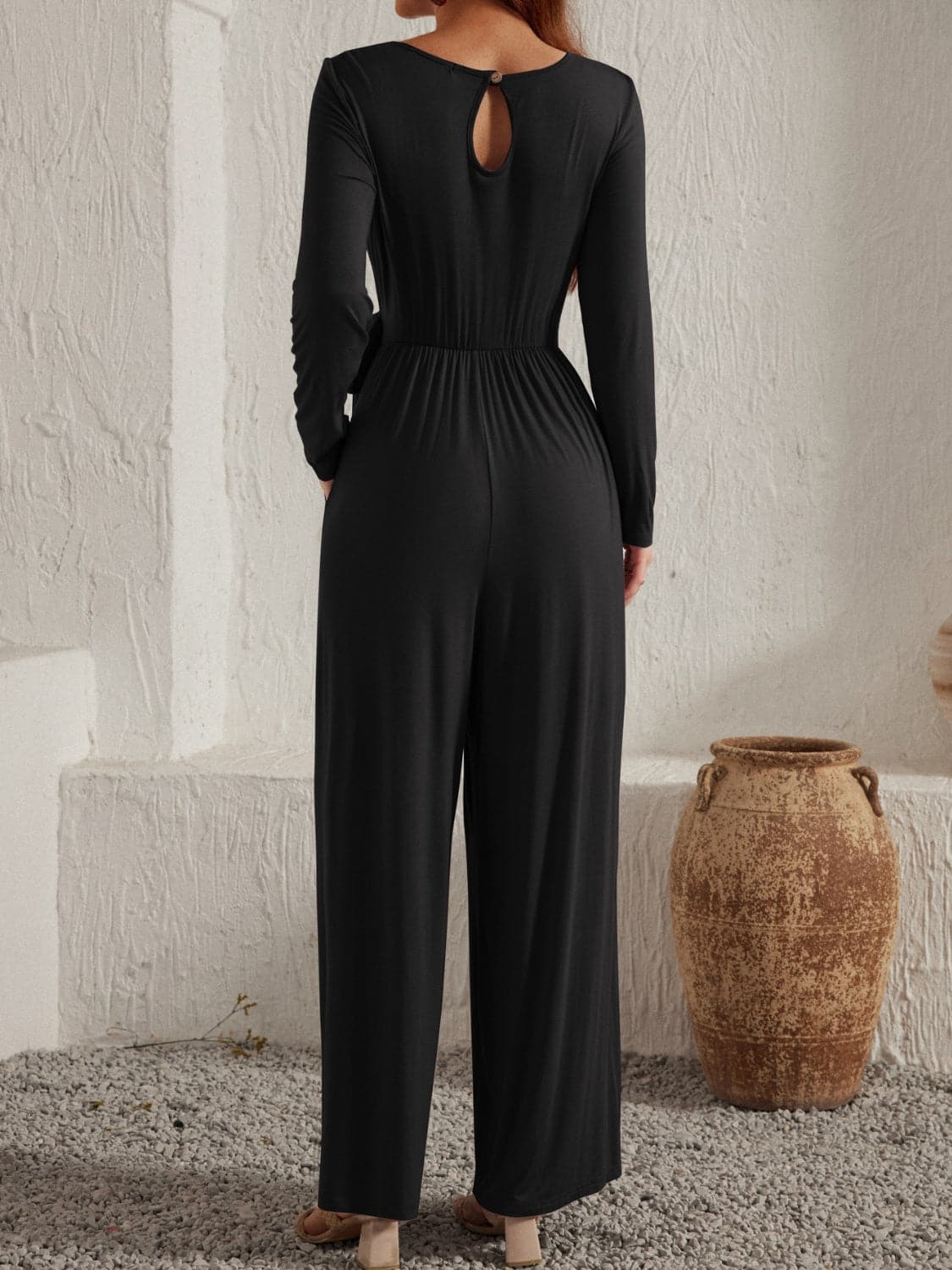 Chic tied neck long sleeve jumpsuit with pockets