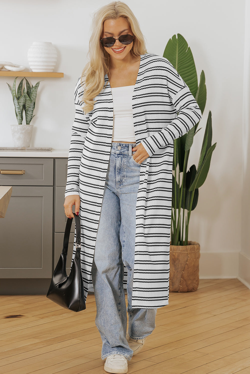 Black Striped Longline Open Duster Cardigan