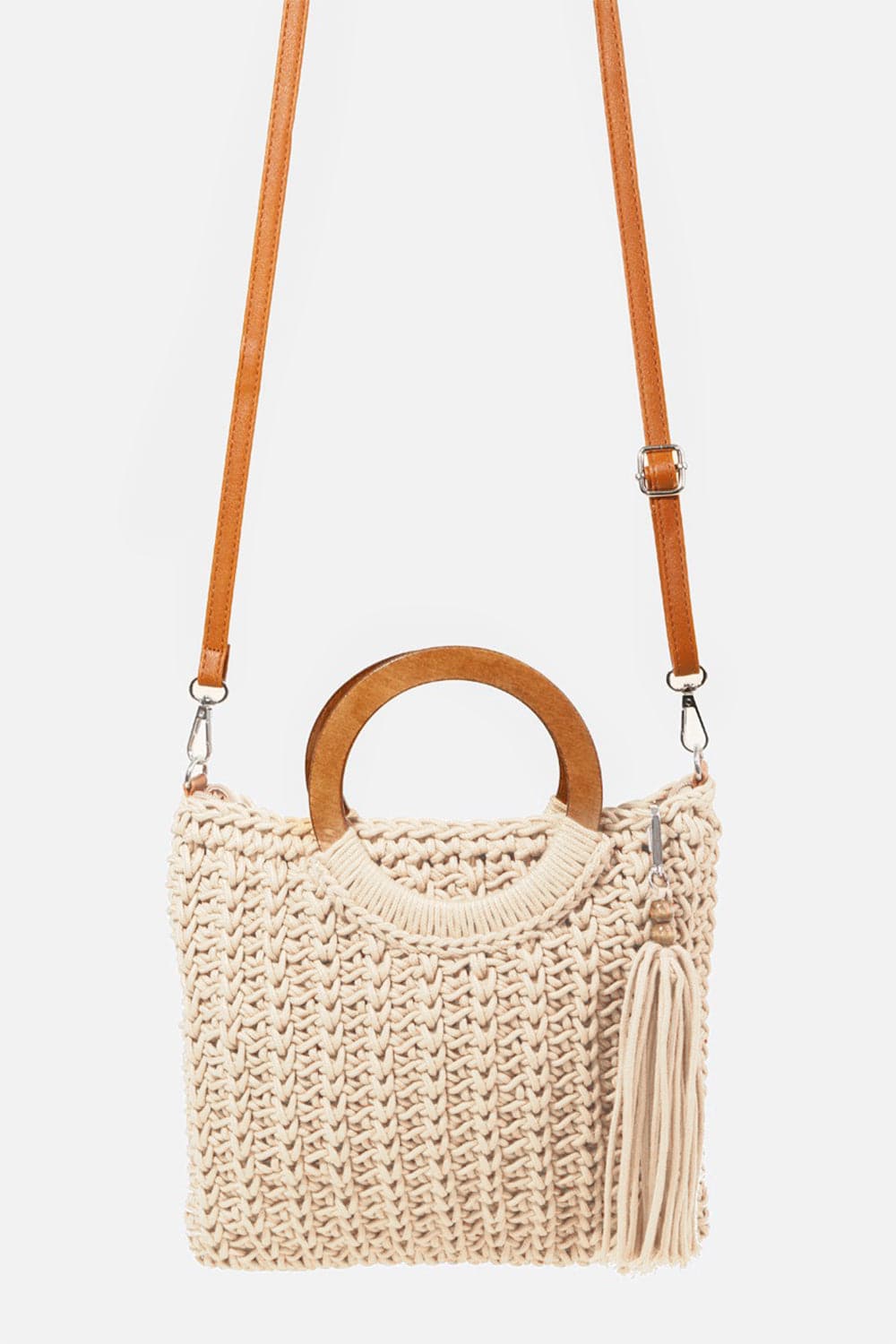 Fame Crochet Knit Convertible Tote Bag with Tassel.