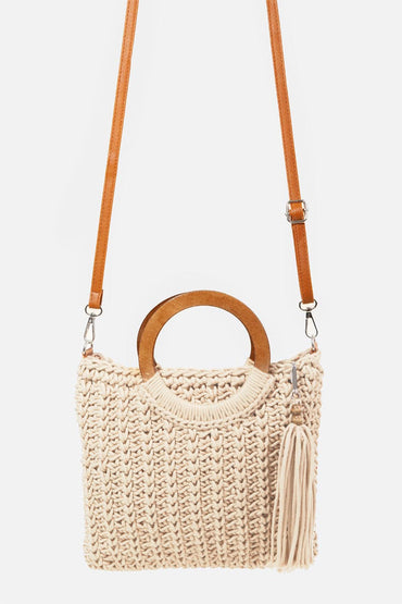 Fame Crochet Knit Convertible Tote Bag with Tassel.