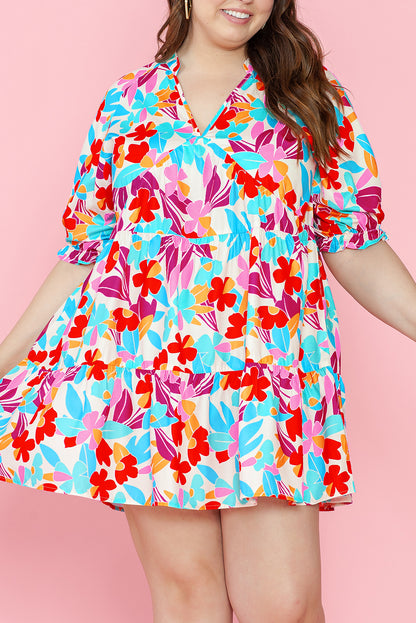 Floral V-neck plus-size tiered dress in vibrant hues