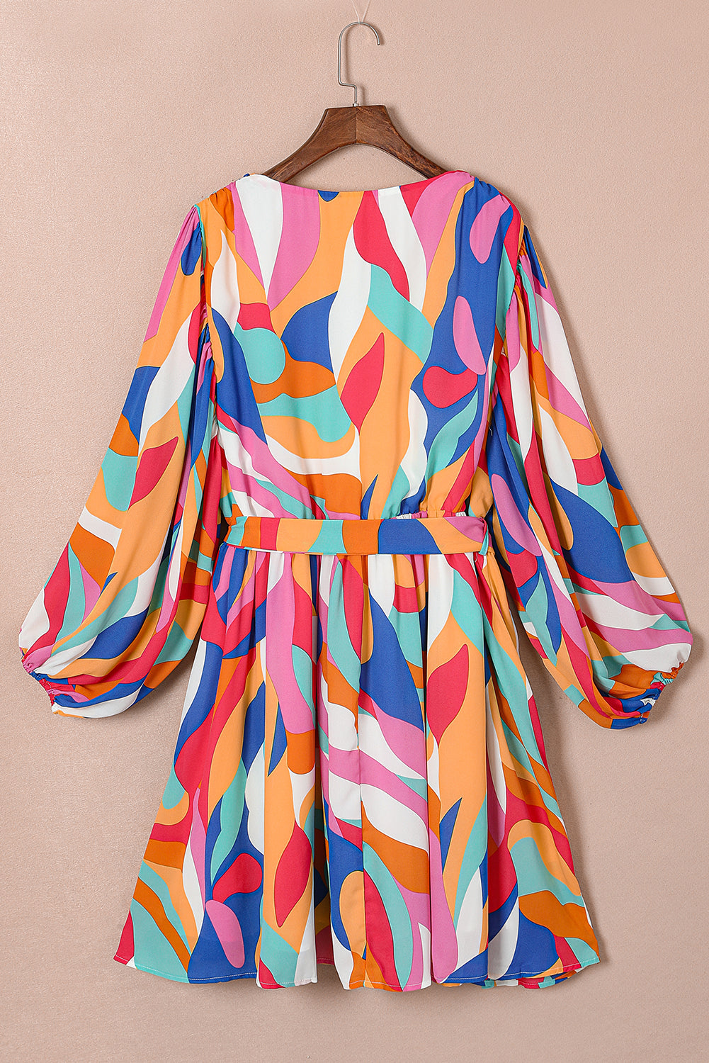 Vibrant multicolor abstract belted shift dress with oversized sleeves