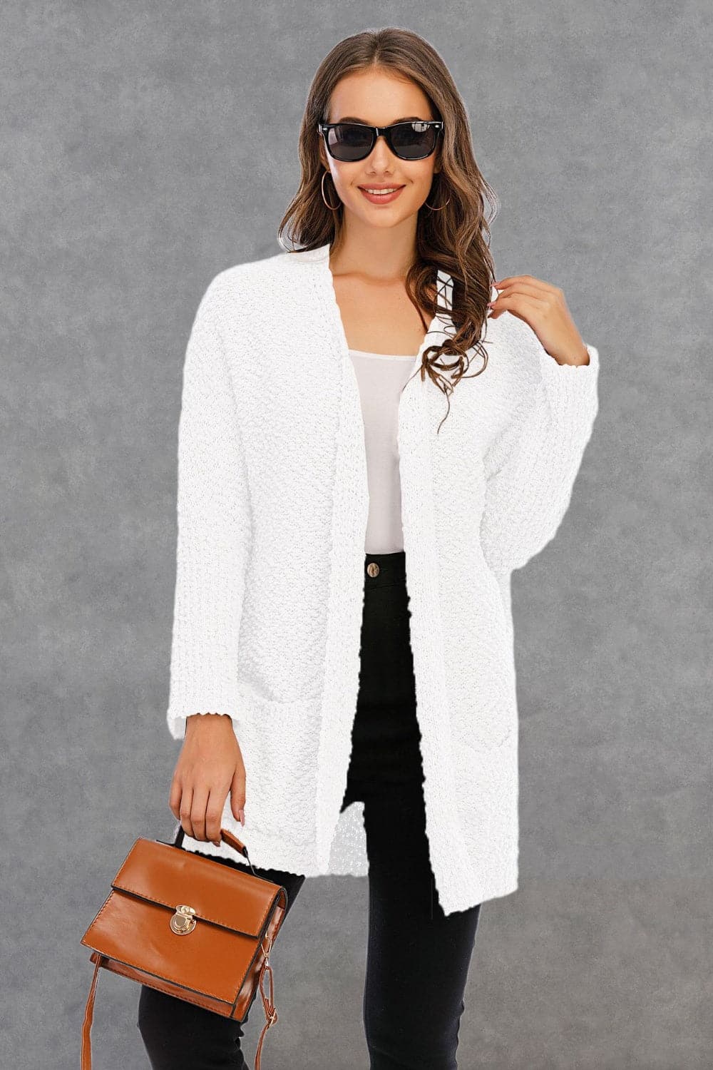 Pocketed Open Front Long Sleeve Cardigan.