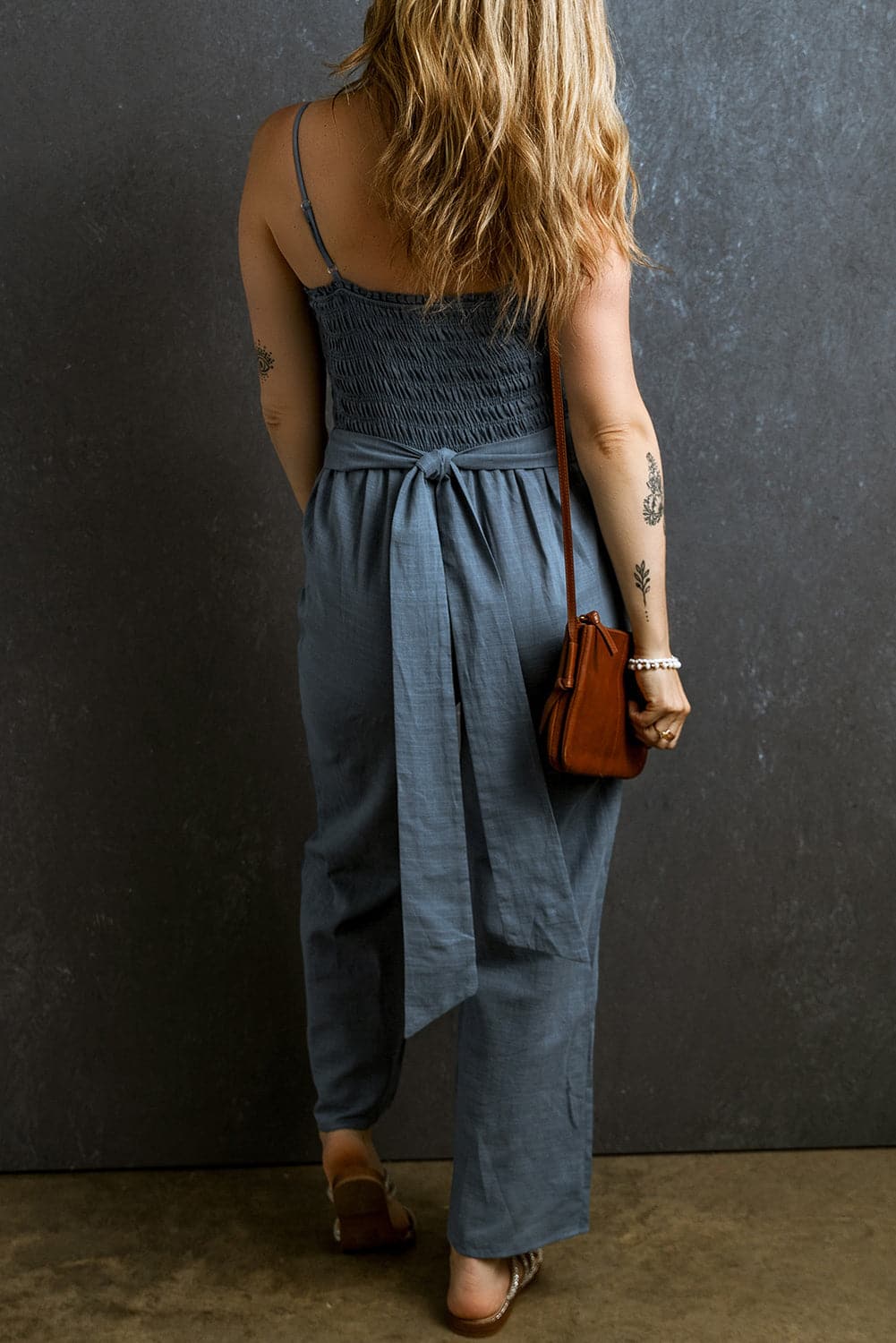 Tied Smocked Wide Leg Jumpsuit.