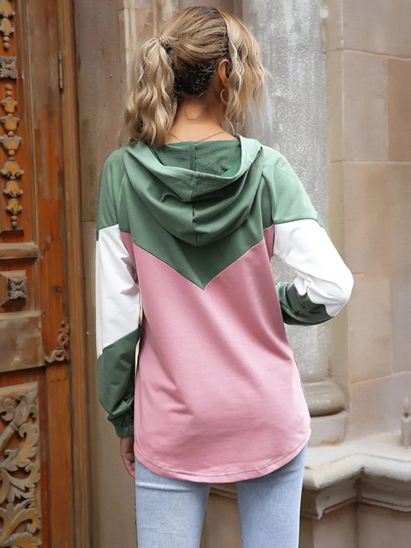 Color Block Women Hoodie Long Sleeve Drawstring Pullover Casual Simply Love
