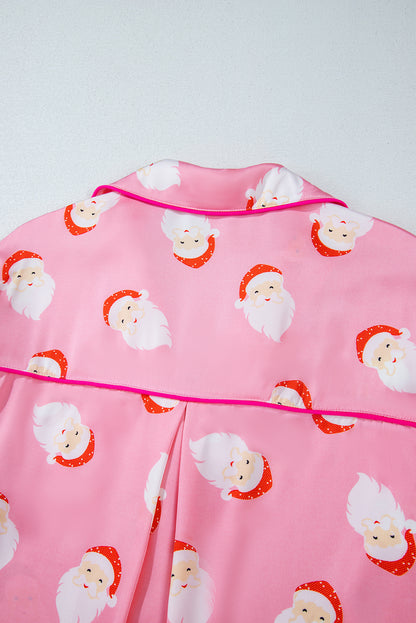 Festive pink satin Santa Claus loungewear set with shorts and long sleeves