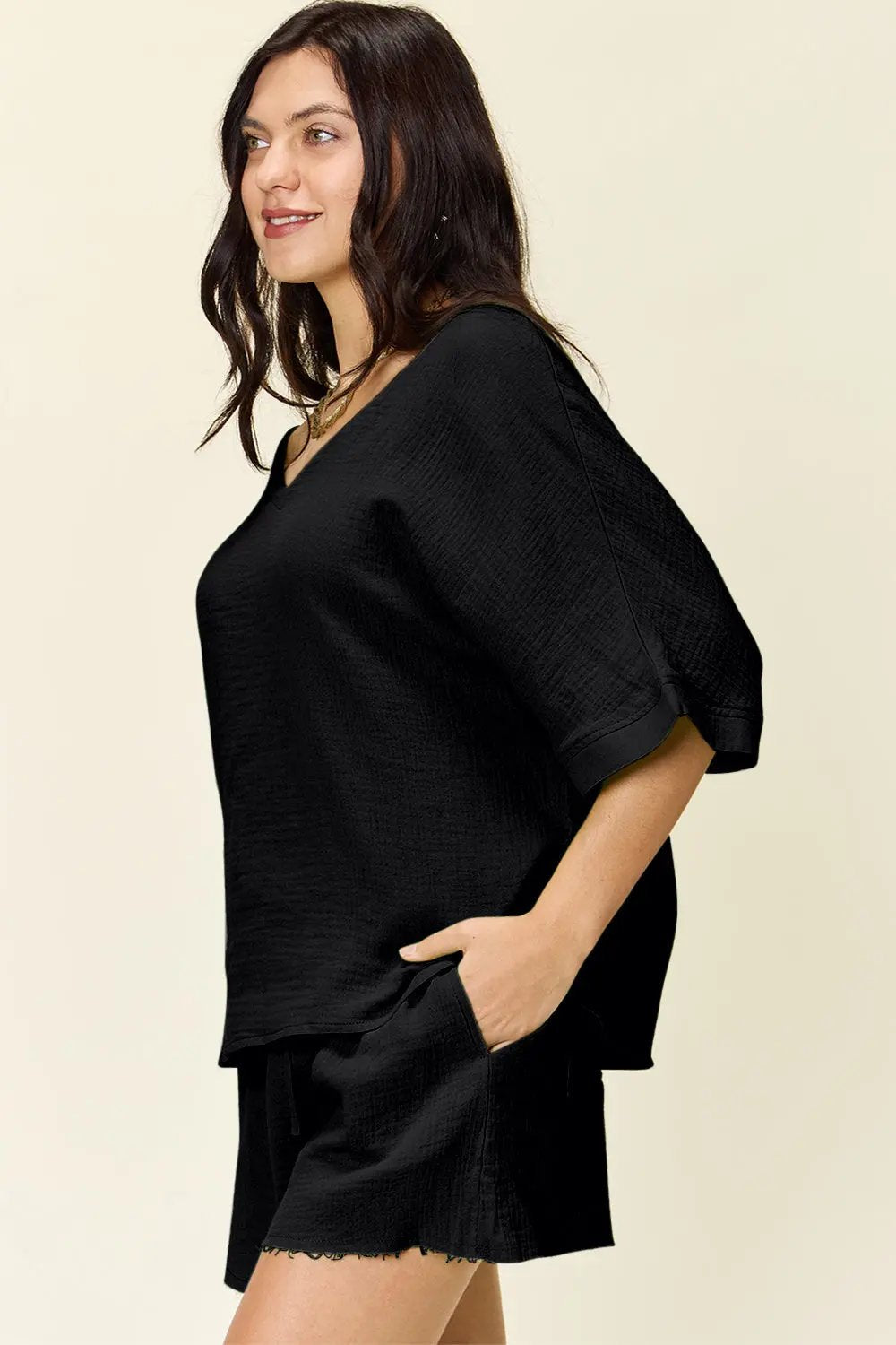 Double Take Texture Half Sleeve T-Shirt and Drawstring Shorts Set - Love Salve