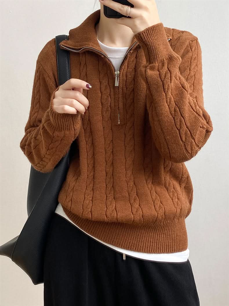 Cozy cable-knit half zip sweater with moderate stretch