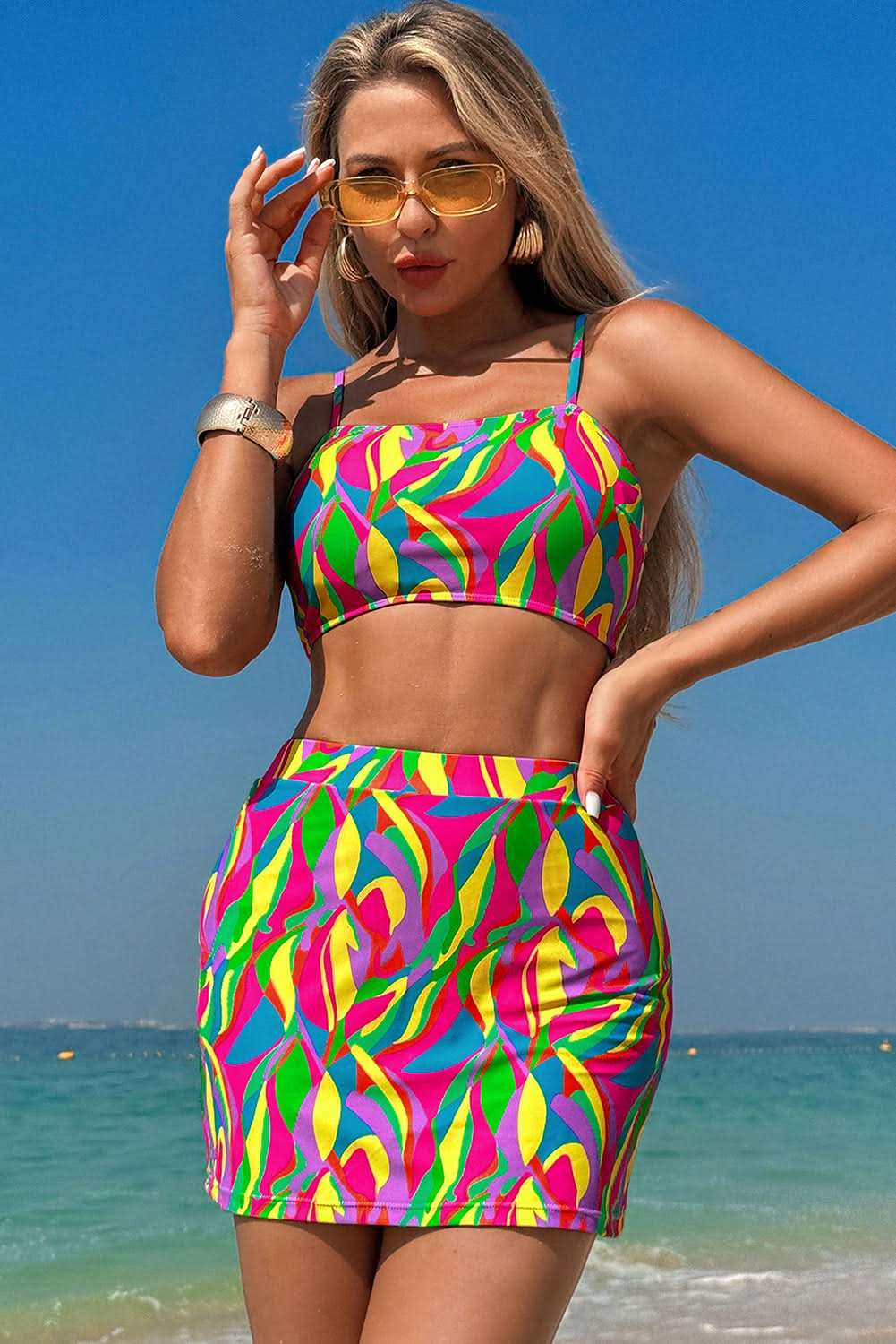 Vibrant Bohemian Abstract Textured High-Waisted Spaghetti Strap Bikini Set