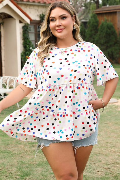 Beige Plus Size Babydoll Blouse with Colorful Polka Dot Print and Ruffled Short Sleeves