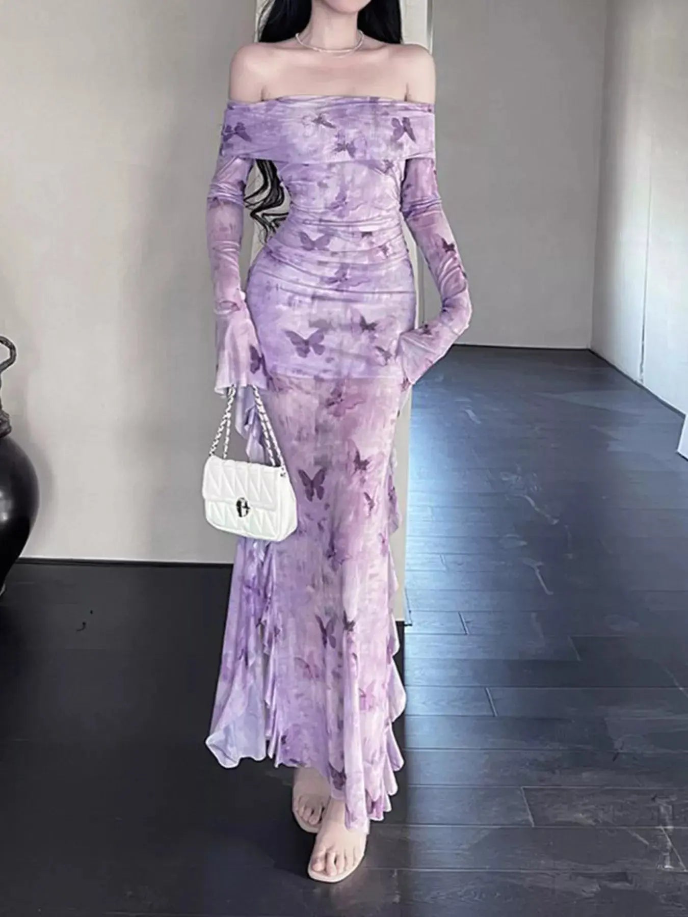 Butterfly Print Off-Shoulder Mesh Mermaid Dress Simply Love