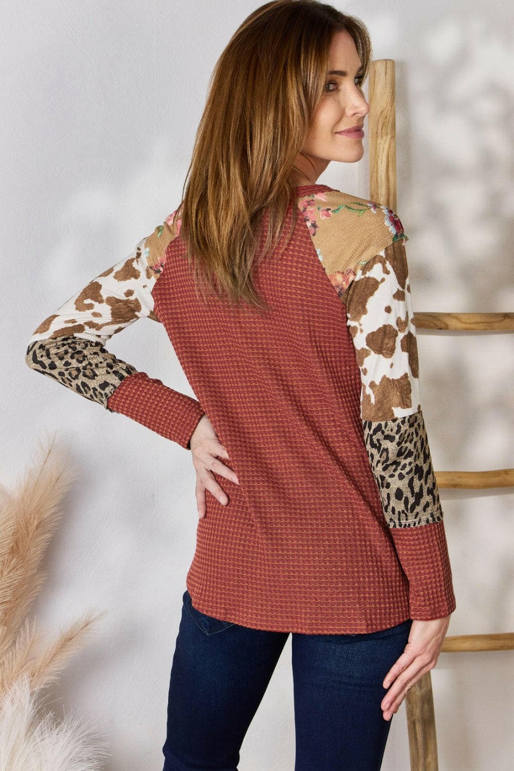 Hailey & Co Full Size Leopard Waffle-Knit Blouse.