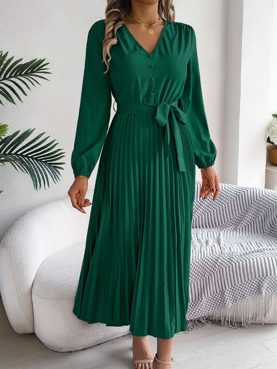 Elegant V-Neck Long Sleeve Dress with Sheer Tied Design - Love Salve 