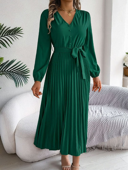 Elegant V-Neck Long Sleeve Dress with Sheer Tied Design