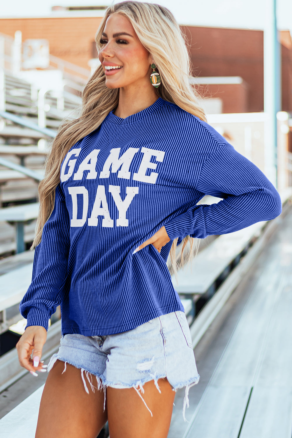 Bluing Corded GAME DAY Graphic Long Sleeve Crewneck Top Love Salve