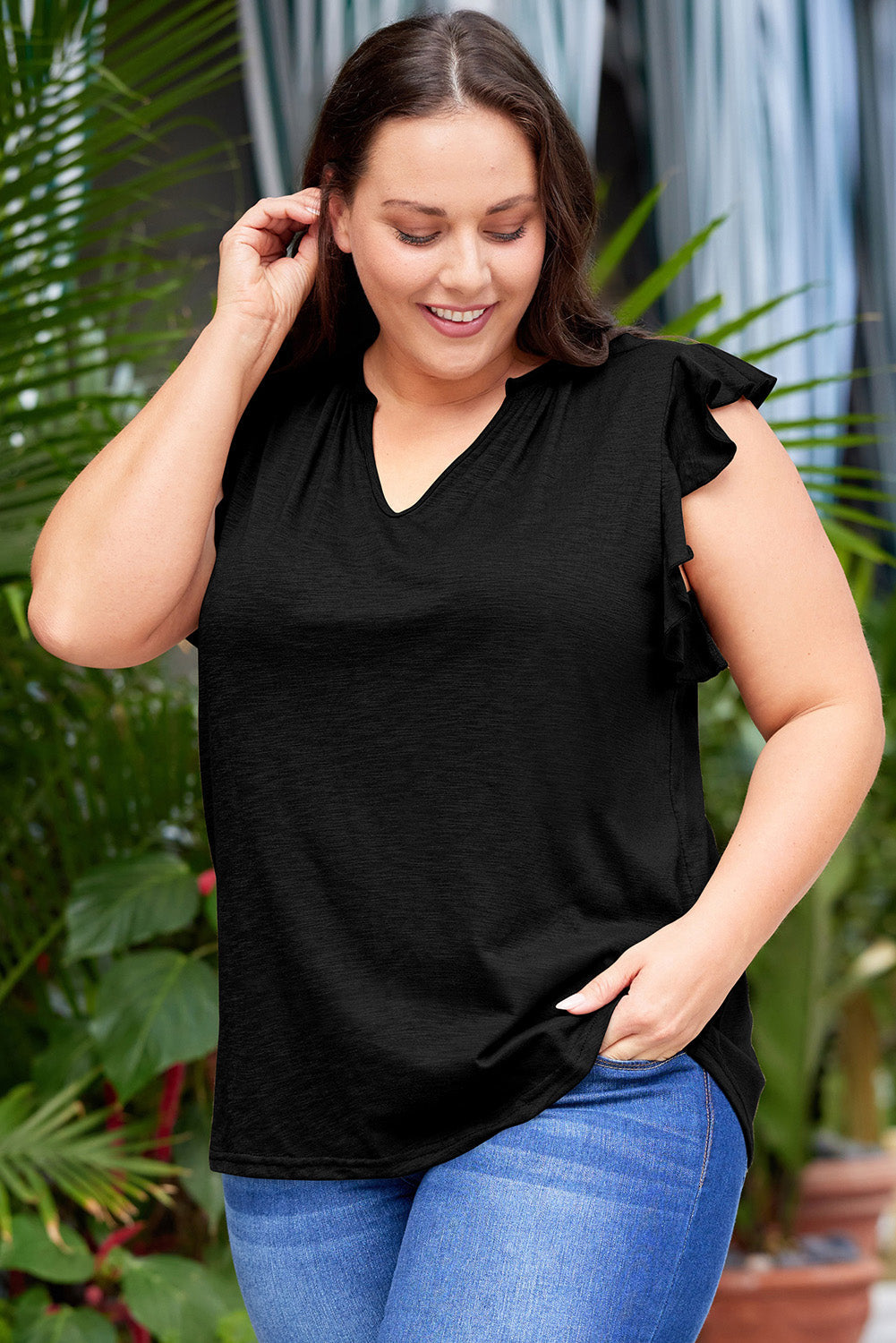 Plus Size Flutter Sleeve Notched Blouse Coco’s Tee Boutique
