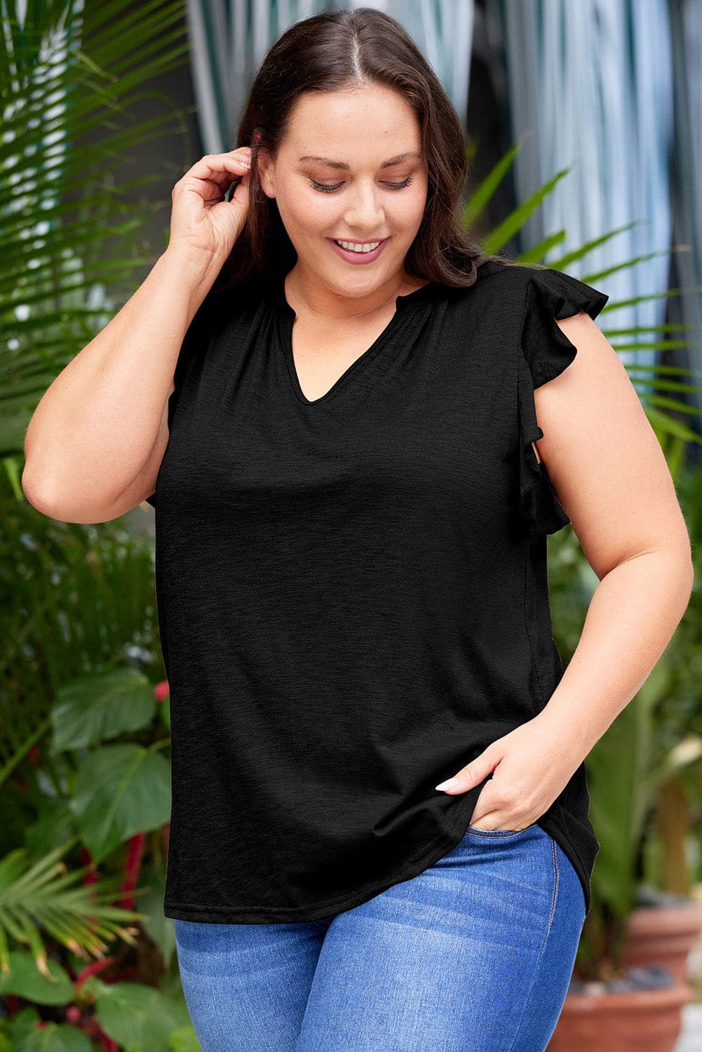 Plus Size Flutter Sleeve Notched Blouse.