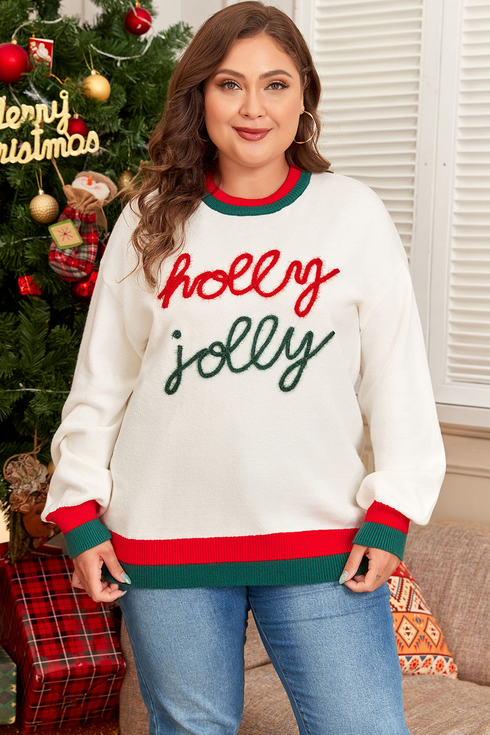 White Tinsel Holly Jolly Colorblock Plus Size Sweater Dear-Lover Dropshipping