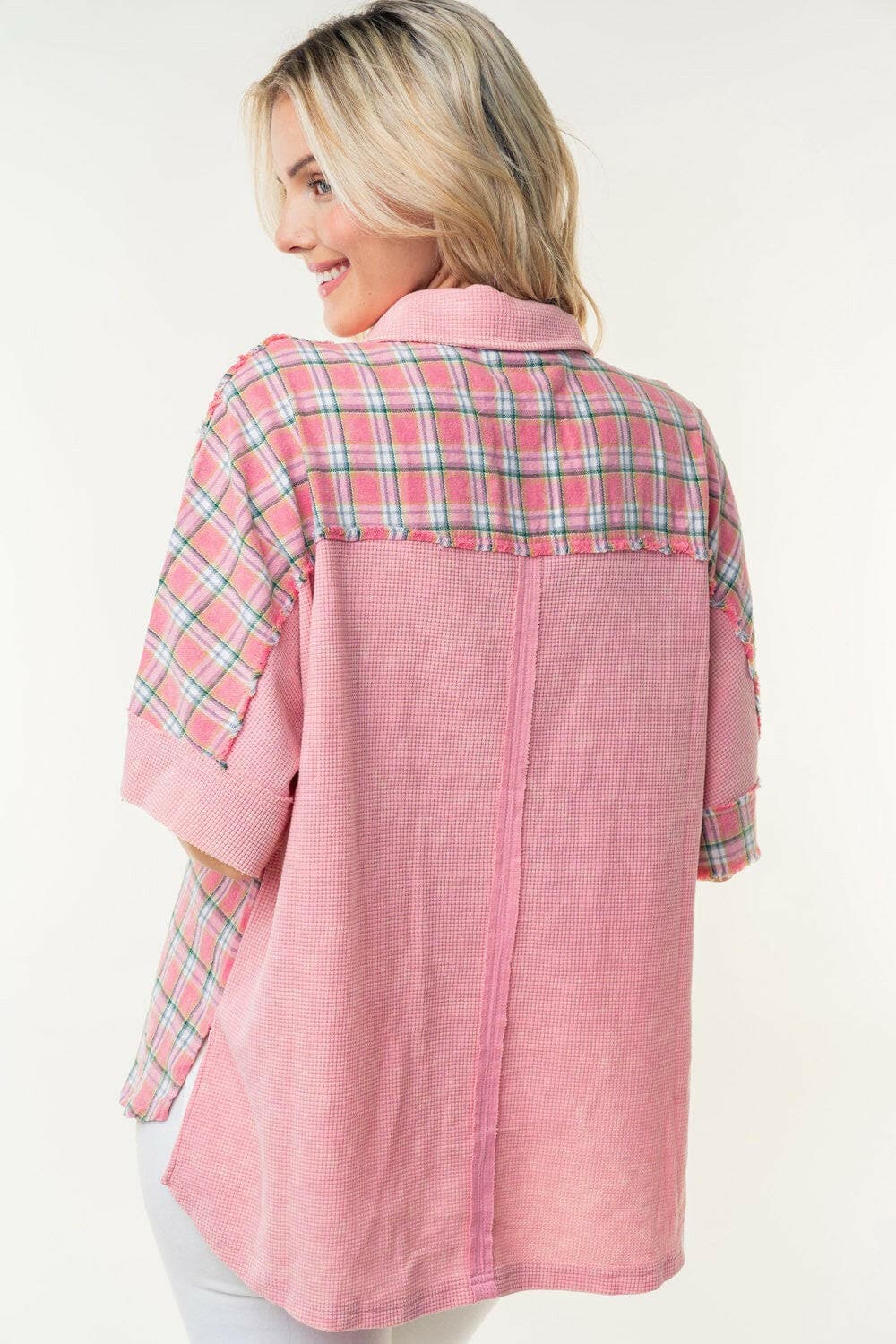 White Birch Plaid Color Block Half Button Top.